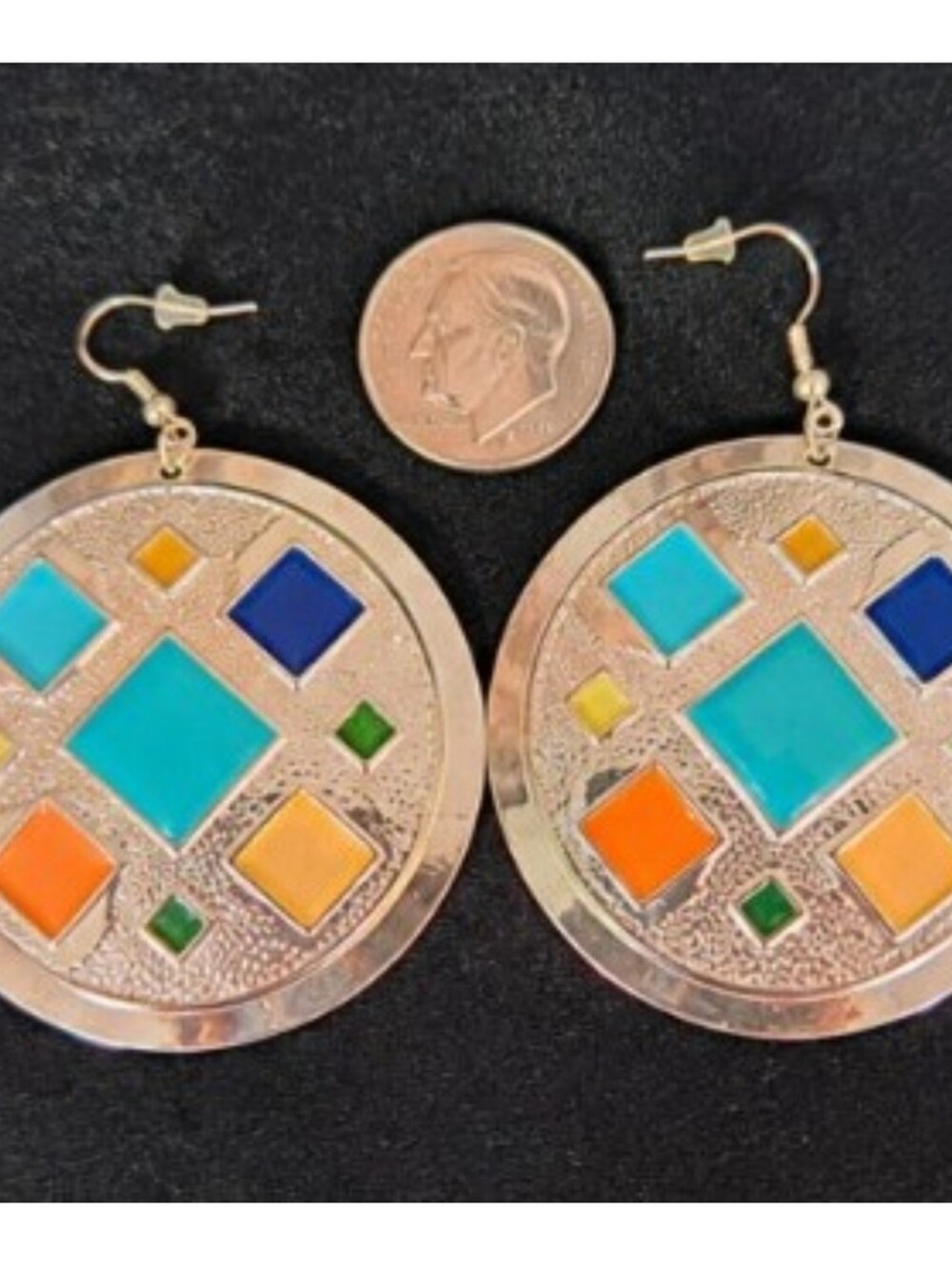 Y2K 1990's Colorful Geometric Drop Earrings - Turquoise, Blue, Orange & Green